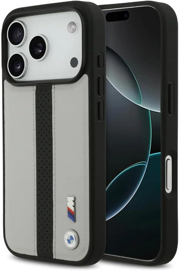 BMW PU DERİ KILIF (DELİKLİ ŞERİTLİ VE METAL LOGOLU) İPHONE 17 PRO MAX - GRİ/SİYAH BMOHMP17X25PCPSGK