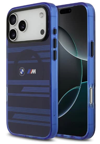 BMW MAGSAFE ŞEFFAF IML KILIF (METAL BUTONLU VE ÇİZGİ TASARIMLI) İPHONE 17 PRO MAX - MAVİ BMHMP17X25HLBIVB