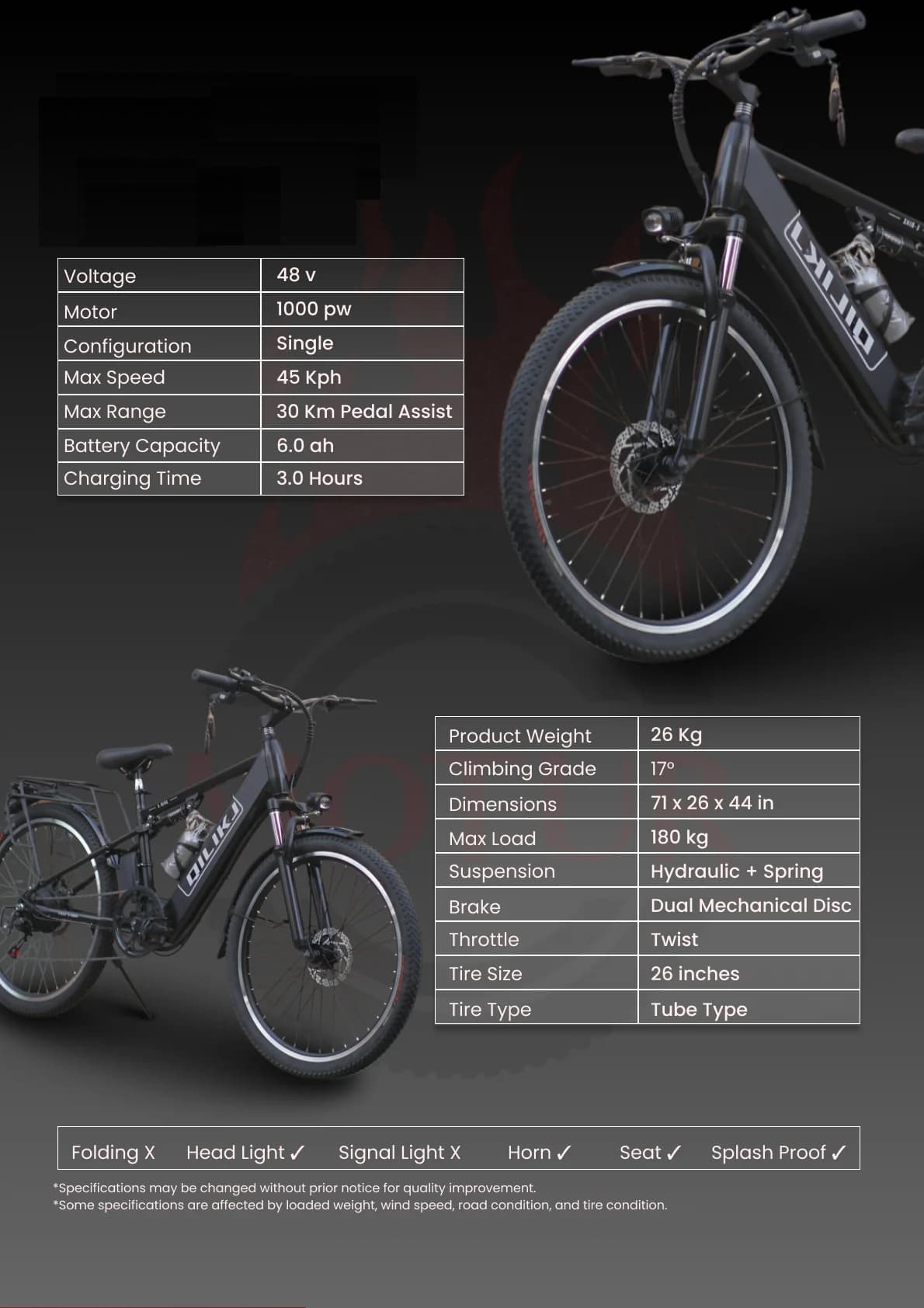 QILIKJ ELEKTRİKLİ BİSİKLET - SİYAH - YÜKSEK MENZİLLİ ŞEHİR VE ARAZİ TİPİ E-BIKE