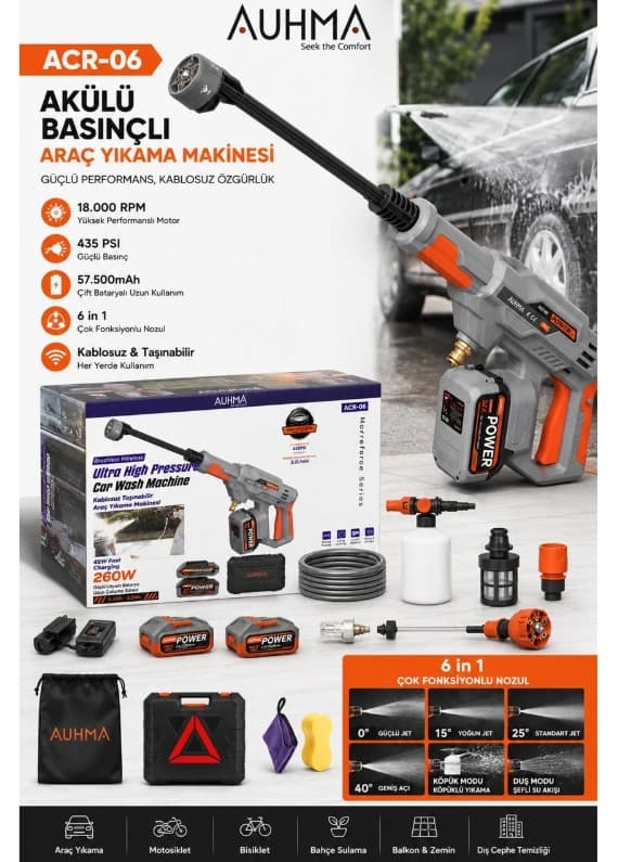 AUHMA ACR-06 KABLOSUZ TAŞINABİLİR ULTRA YÜKSEK BASINÇLI ARABA YIKAMA MAKİNESİ