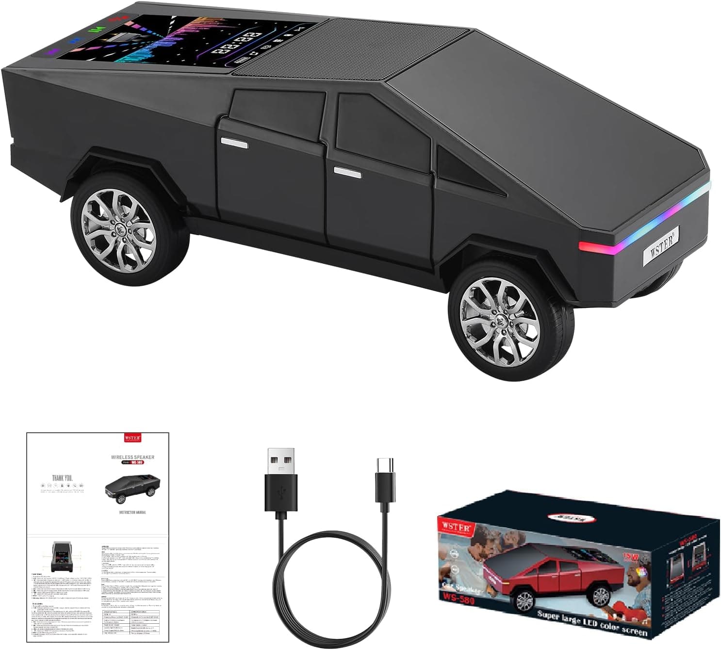 WSTER WS-580 SİYAH CYBERCAR TASARIMLI RGB IŞIKLI BLUETOOTH HOPARLÖR - LED EKRANLI FM RADYO VE GÜÇLÜ BASS DESTEKLİ WIRELESS SPEAKER