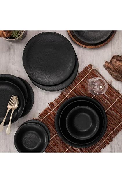 KÜTAHYA PORSELEN BONE TEOS 24 PARÇA YEMEK SETİ SİYAH MAT P235 DG-799
