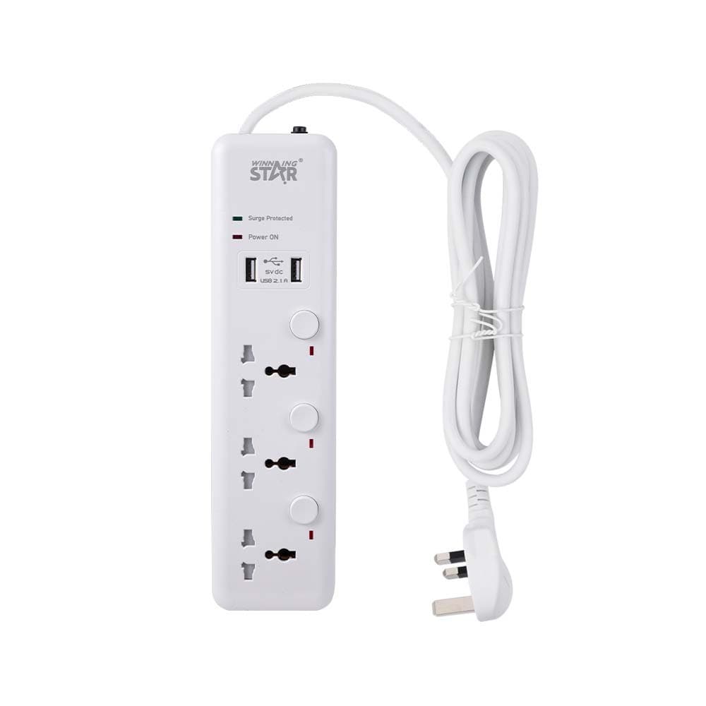 WINNING STAR ST-1003U 2500W 3 METRE 3'LÜ EVRENSEL PRİZ 2 USB GİRİŞLİ 3 AYRI ANAHTARLI UK/BS FİŞLİ ÇOKLU UZATMA KABLOSU