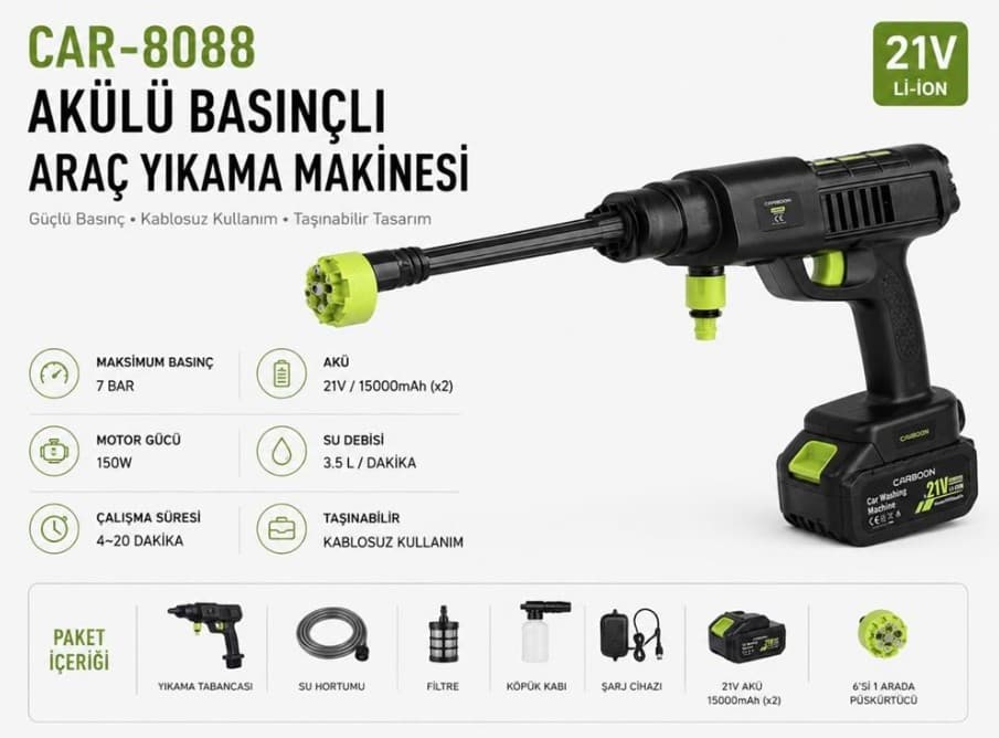 CARBOON CAR-8088 AKÜLÜ BASINÇLI ARABA YIKAMA MAKİNESİ