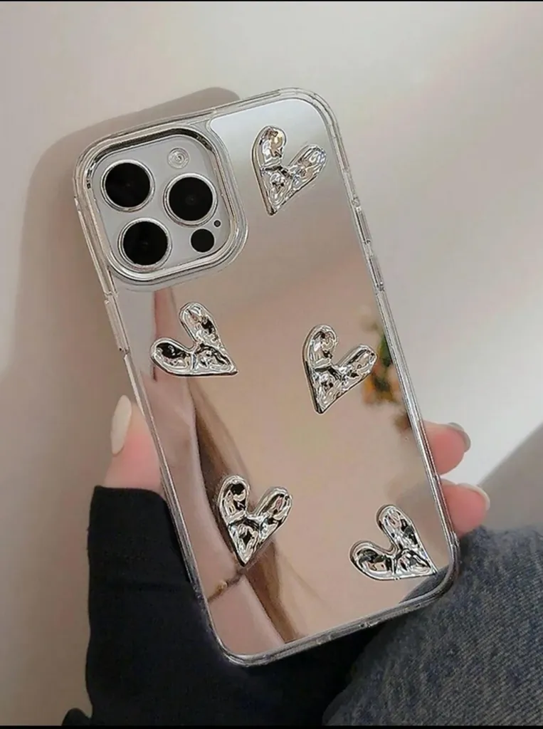 SİLVER AYNALI ASİMETRİK KALP DİZAYN IPHONE 15 PROMAX KILIF
