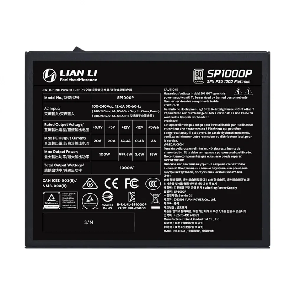 Power Supply Lian Li SP1000P Siyah 1000W 80+ Platinium G9P.SP1000P.B00 2