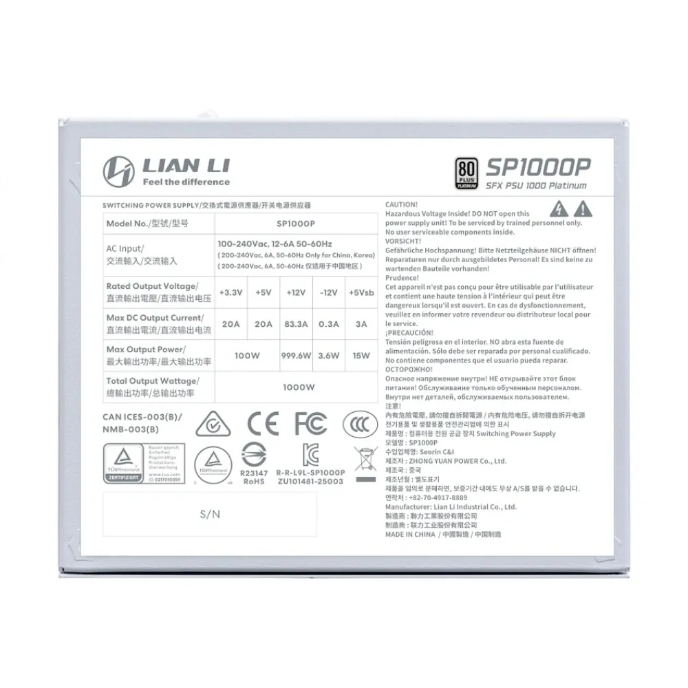 Power Supply Lian Li SP1000P Beyaz 1000W 80+ Platinium G9P.SP1000P.W00 2