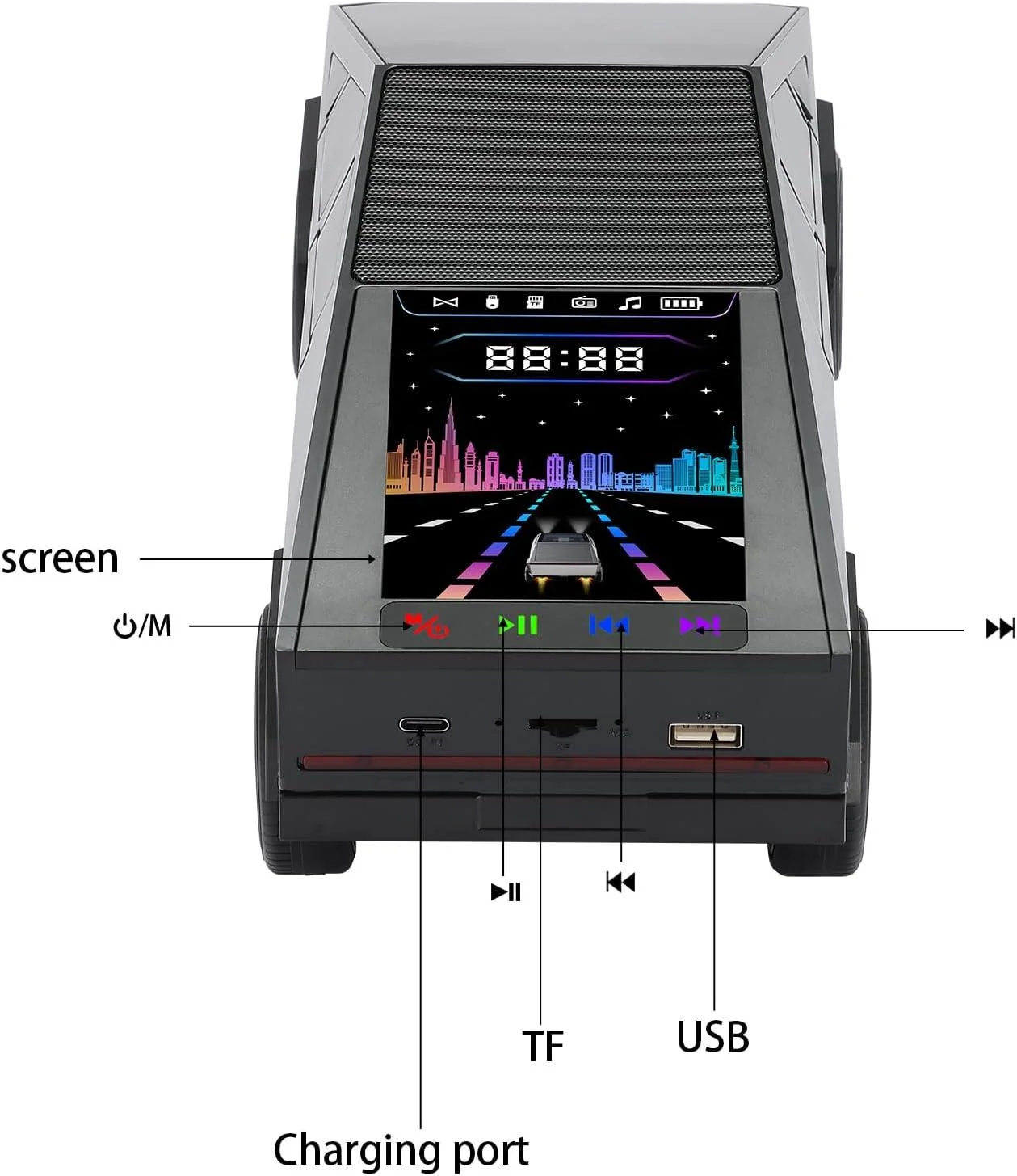 WSTER WS-580 SİYAH CYBERCAR TASARIMLI RGB IŞIKLI BLUETOOTH HOPARLÖR - LED EKRANLI FM RADYO VE GÜÇLÜ BASS DESTEKLİ WIRELESS SPEAKER 3