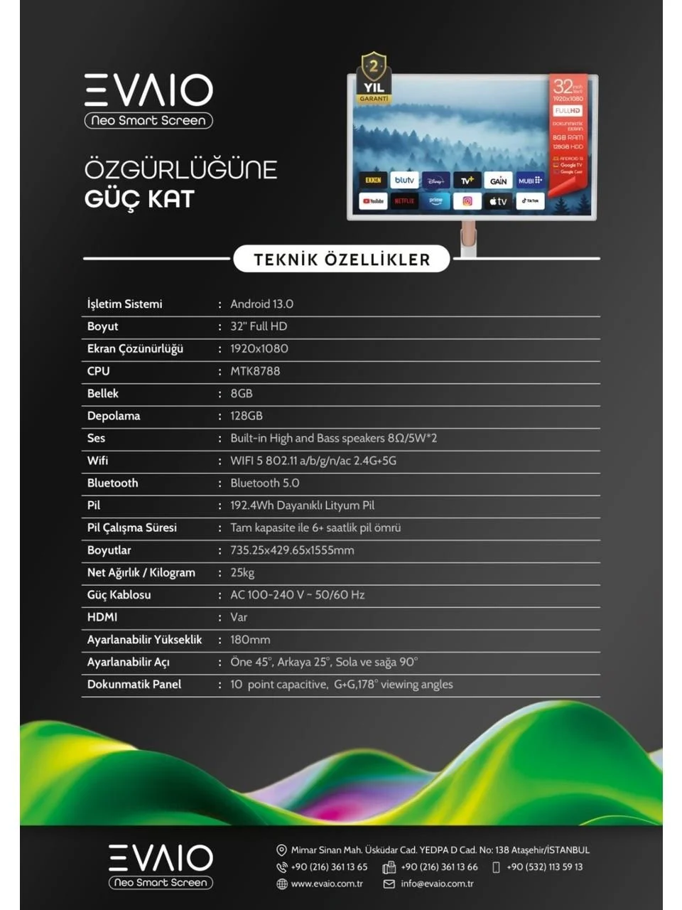 EVAİO NEO HD-320A 32 İNCH ANDROİD TAŞINABİLİR MOBİL EKRAN FULL HD 8