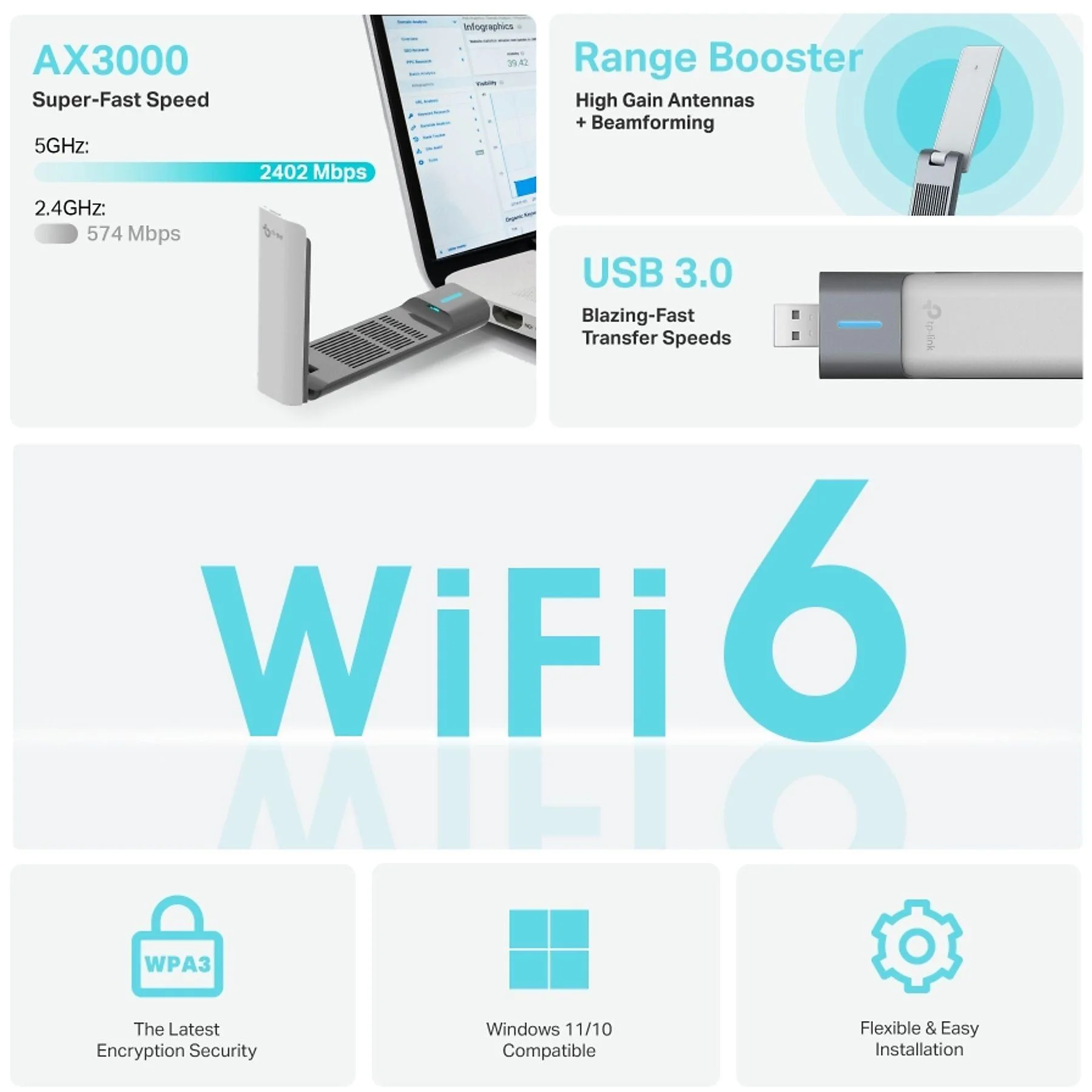 TP-LİNK ARCHER TX50UH AX3000 HİGH GAİN WİRELESS USB ADAPTER 3
