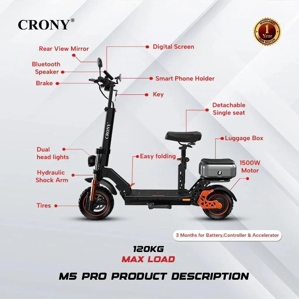CRONY M5 Pro 1500W Yüksek Hızlı Elektrikli Scooter – Bluetooth Hoparlörlü, Mobil Uygulama Bağlantılı, IPX4 Suya Dayanıklı, 120 kg Taşıma Kapasiteli (Yetişkin & Çocuk) 2