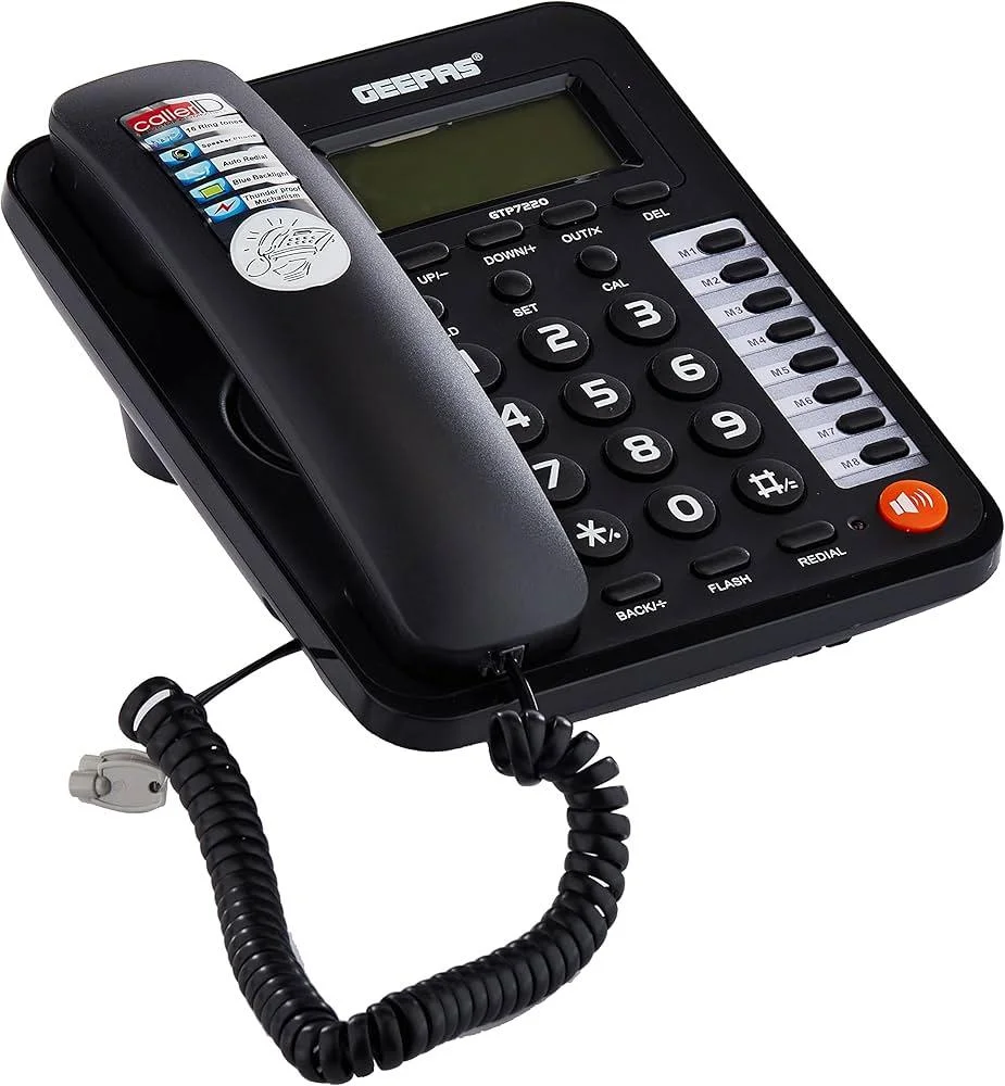 GEEPAS GTP7220 LCD EKRANLI MASAÜSTÜ TELEFON - ARAYAN NUMARA GÖSTERGELİ VE ELLER SERBEST FONKSİYONLU - SİYAH