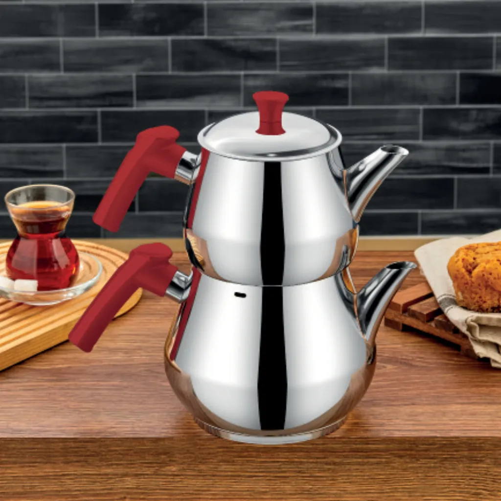 POLOCHEF DOLPHIN ÇELİK ÇAYDANLIK SETİ MEGABOY KIRMIZI SAP DOK-102