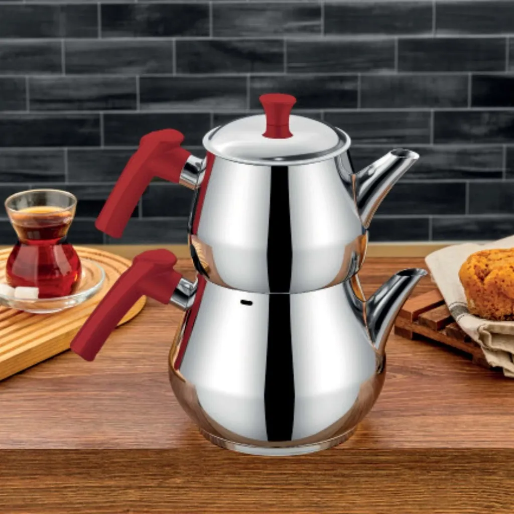 POLOCHEF DOLPHIN ÇELİK ÇAYDANLIK SETİ MEGABOY KIRMIZI SAP DOK-102 2