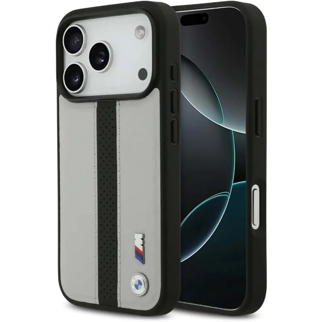 BMW PU DERİ KILIF (DELİKLİ ŞERİTLİ VE METAL LOGOLU) İPHONE 17 PRO MAX - GRİ/SİYAH BMOHMP17X25PCPSGK