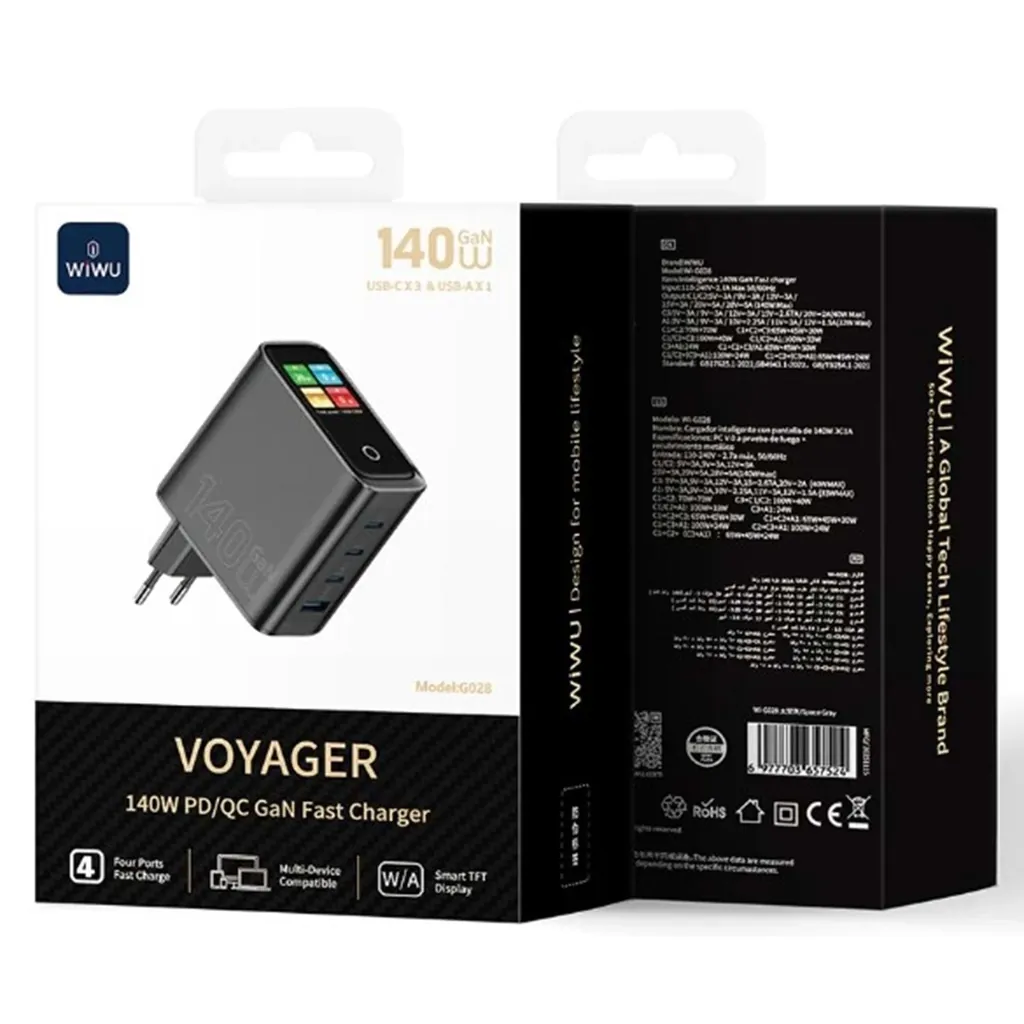 G028 WİWU 140W AKILLI EKRANLI GAN ŞARJ CİHAZI 3C 1A 3
