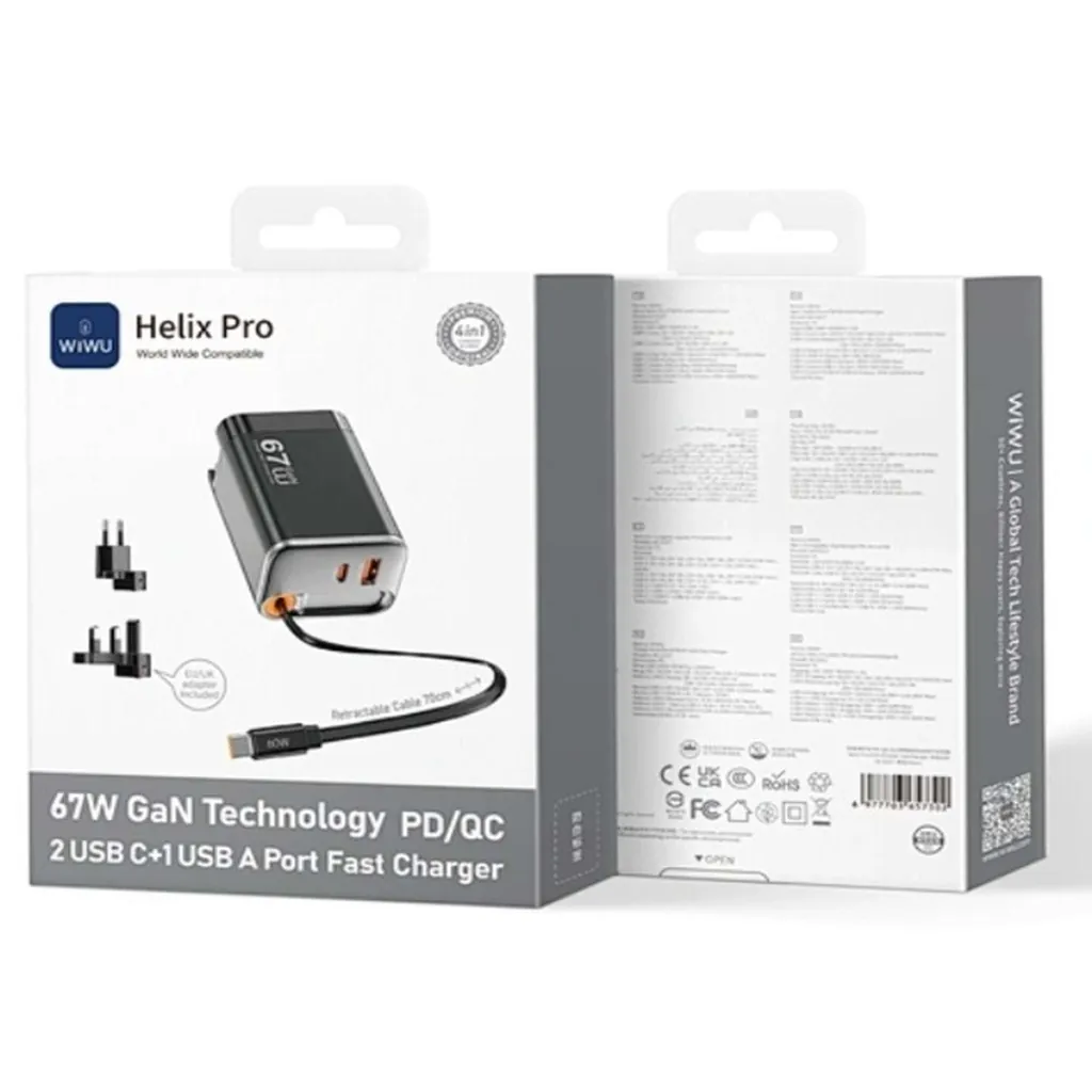 G027 WİWU HELİX PRO 67W GAN HIZLI ŞARJ PD/QC 2USB C+1 USB A 2