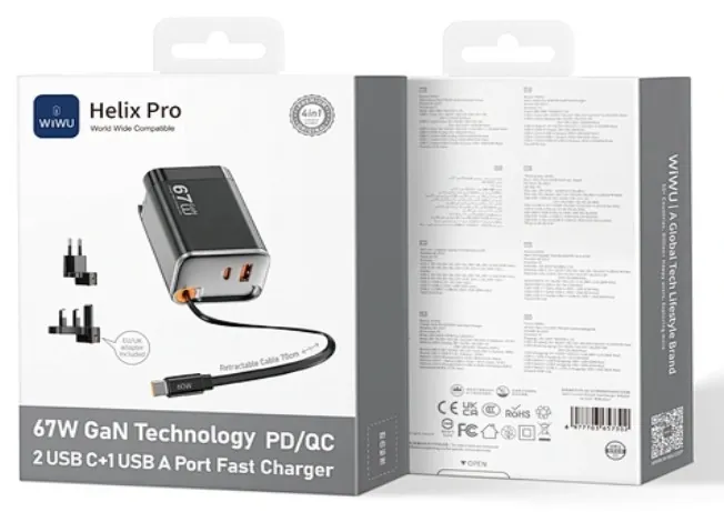 G027 WİWU HELİX PRO 67W GAN HIZLI ŞARJ PD/QC 2USB C+1 USB A 3