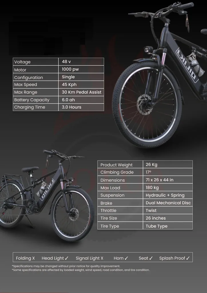 QILIKJ ELEKTRİKLİ BİSİKLET - SİYAH - YÜKSEK MENZİLLİ ŞEHİR VE ARAZİ TİPİ E-BIKE
