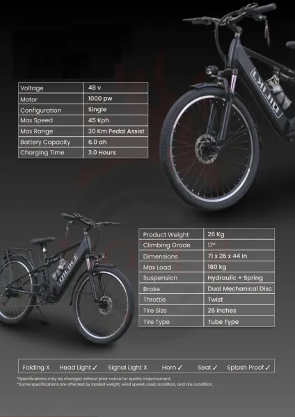 QILIKJ ELEKTRİKLİ BİSİKLET - SİYAH - YÜKSEK MENZİLLİ ŞEHİR VE ARAZİ TİPİ E-BIKE