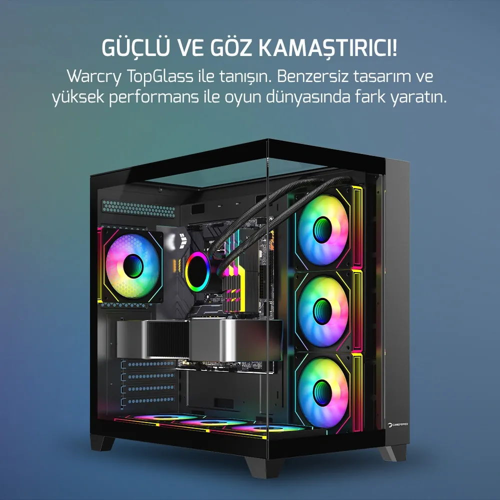 Kasa GamePower Warcry TopGlass 650W+ Psu 4xARGB Temperli Cam ATX Siyah 2