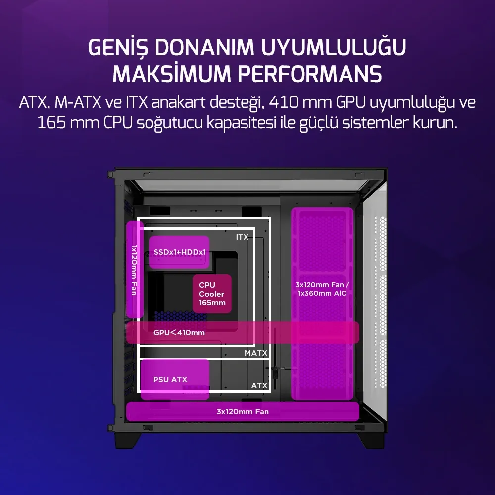 Kasa GamePower Warcry TopGlass 650W+ Psu 4xARGB Temperli Cam ATX Siyah 3