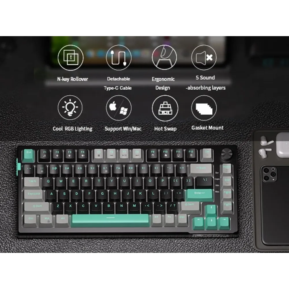 MageGee SKY81 83 Tuş Kablolu RGB Hot-Swap Gasket Gri-Siyah Gaming 2