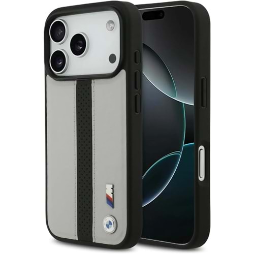 BMW PU DERİ KILIF (DELİKLİ ŞERİTLİ VE METAL LOGOLU) İPHONE 17 PRO MAX - GRİ/SİYAH BMOHMP17X25PCPSGK