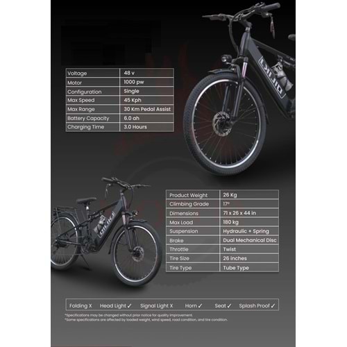 QILIKJ ELEKTRİKLİ BİSİKLET - SİYAH - YÜKSEK MENZİLLİ ŞEHİR VE ARAZİ TİPİ E-BIKE