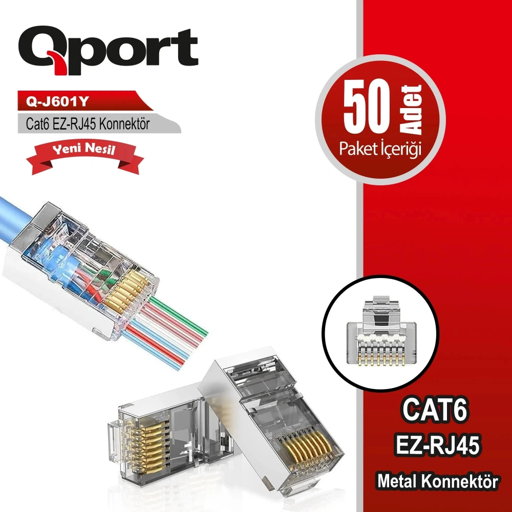 Qport Q-J601Y CAT6 50'lik Paket EZ-RJ45 Metal Yeni Nesil Konnektör